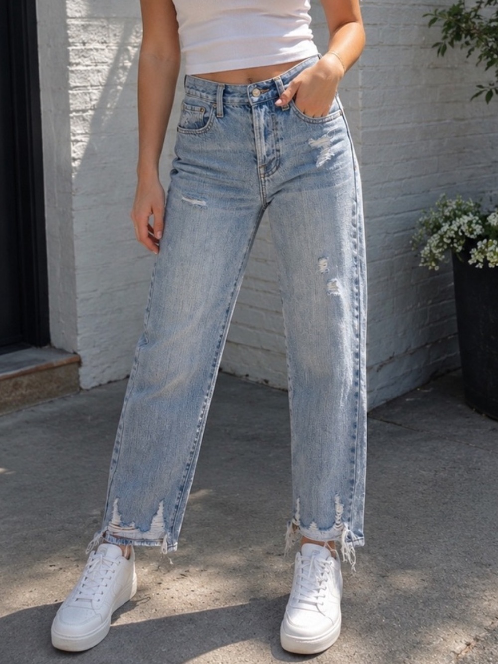 Pistola Charlie Distressed High Rise Straight Leg Jeans Raw Hem 25487